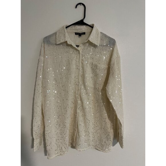 Blue Blush White Sequin Button-Up Collared Shirt Small - Picture 1 of 6